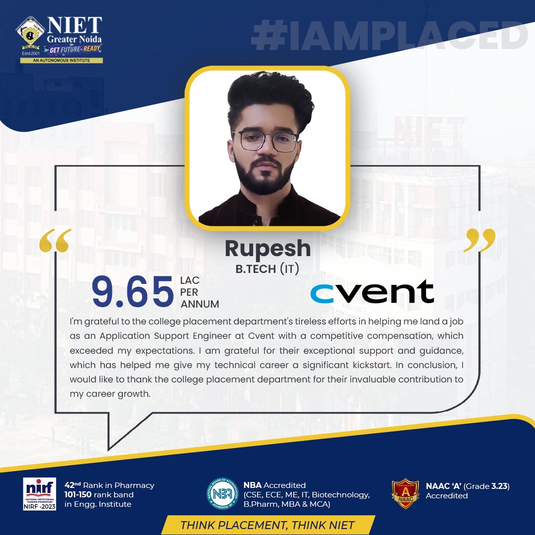 Check out their inspiring testimonials, showcasing their journey from NIET to success!
.
.
#niet #ThinkPlacementThinkNiet  #BTech #it #informationtechnology #weareplaced #successstories #ProudAlumni #Congratulations #wishes #placements2023  #AKTU #AICTE #NBA  #ThinkNIETThinkAhead