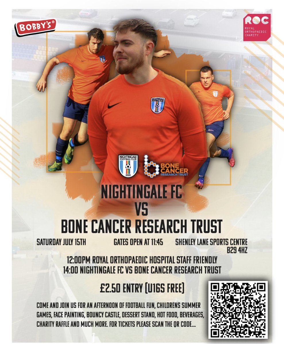 Join us on 15th July for a charity football family fun day!Come and see your <a href="/FundRoh/">ROC | Royal Orthopaedic Charity</a> <a href="/ROHNHSFT/">The Royal Orthopaedic Hospital</a> colleagues in a friendly 9aside game,then watch <a href="/NightingaleFc/">NIGHTINGALE F.C.</a> v <a href="/BCRT/">Bone Cancer Research Trust</a> !There’s lots of summer games and stalls for a fun packed day!Buy your tickets fast

eventbrite.com/e/nightingale-…