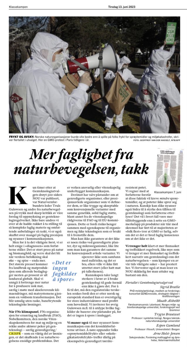 Løse påstander og skremsel holder ikke i debatten om genteknologi. Politikk må baseres på kunnskap, og den taler sterkt for at genteknologi kan være mer bra enn dårlig for naturen. <a href="/TrulsGulowsen/">Truls Gulowsen</a> @NaturogUngdom <a href="/SABIMAnorge/">Sabima</a> <a href="/WWFNorge/">WWF Verdens naturfond</a> <a href="/GreenpeaceNorge/">Greenpeace Norge</a> klassekampen.no/utgave/2023-06…