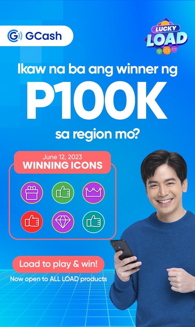 gcashofficial's tweet photo. Isa ka ba sa naglaro ng GCash Lucky Load last week?   Andito na ang 6 winning icons na inaabangan mo! Check your tickets dahil baka ikaw na ang winner ng 100k sa region mo!  Load to play &amp; win with Lucky Load! https://t.co/wfnteYEt00