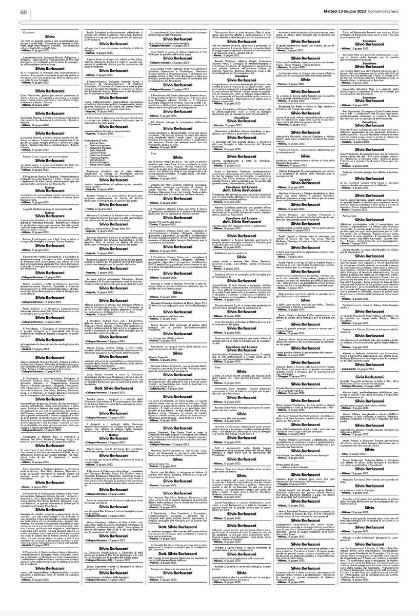 gditom's tweet photo. Altro che abbonamenti, con le paginate di necrologi di oggi il Corriere ha fatto metà del fatturato annuale #SilvioBerlusconi https://t.co/tWSK1rMIl0