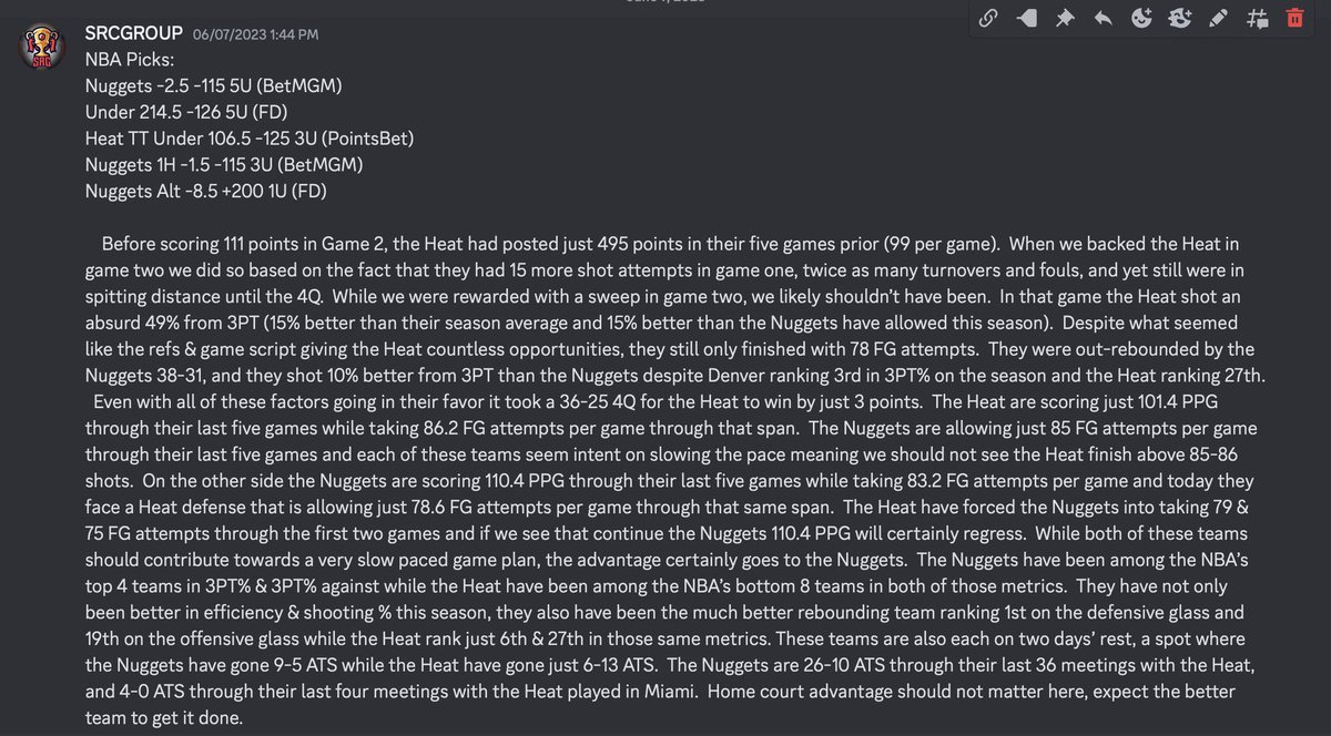 SRCGROUP2K's tweet photo. 🏀NBA FINALS 
18-7 +$39,040 ROI: 47.61%

🏀Plus Money Wins
Heat +300 (G2)✅
Nuggets -8.5 +200 (G3)✅
Nuggets -8.5 +200 (G4) ✅
Nuggets -10 +250 (G4)✅
Nuggets  TTU 106.5 +140 (G5)✅

For All Write-Ups &amp; All Sports
CLICK LINK ➡️https://t.co/rntCXUYNzI

#Betsmarter #Gamblingtwitter https://t.co/cO5Sqz9UUv