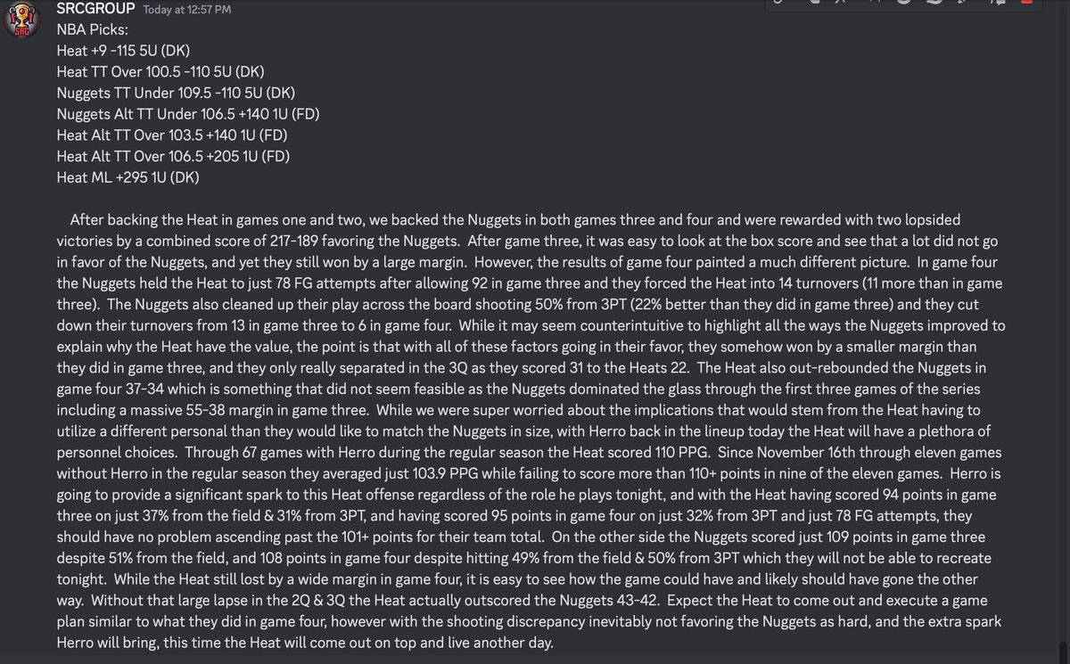 SRCGROUP2K's tweet photo. 🏀NBA FINALS 
18-7 +$39,040 ROI: 47.61%

🏀Plus Money Wins
Heat +300 (G2)✅
Nuggets -8.5 +200 (G3)✅
Nuggets -8.5 +200 (G4) ✅
Nuggets -10 +250 (G4)✅
Nuggets  TTU 106.5 +140 (G5)✅

For All Write-Ups &amp; All Sports
CLICK LINK ➡️https://t.co/rntCXUYNzI

#Betsmarter #Gamblingtwitter https://t.co/cO5Sqz9UUv