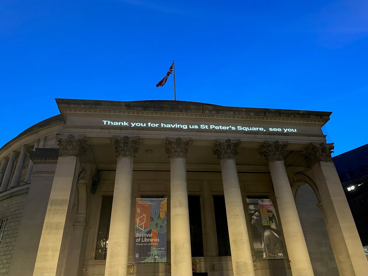 We were so excited to be a part of #FestivalofLibraries @MCRCityofLit.  Our students got to be a part of @QtineMcr's exciting project 'Underscore'.  Our students took over St Peters Square with the help of @lisamattocks @LowriEvans @mollytwomey1 St Peters Square at night was fun!
