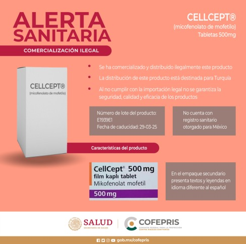 AztecaNoticias's tweet photo. El segundo es #Cellcept tabletas 500 mg, con número de lote E1939E1 y fecha de caducidad 29 de marzo de 2025; tampoco cuenta con registro sanitario.
Vía @COFEPRIS https://t.co/YwcnCn1mOD