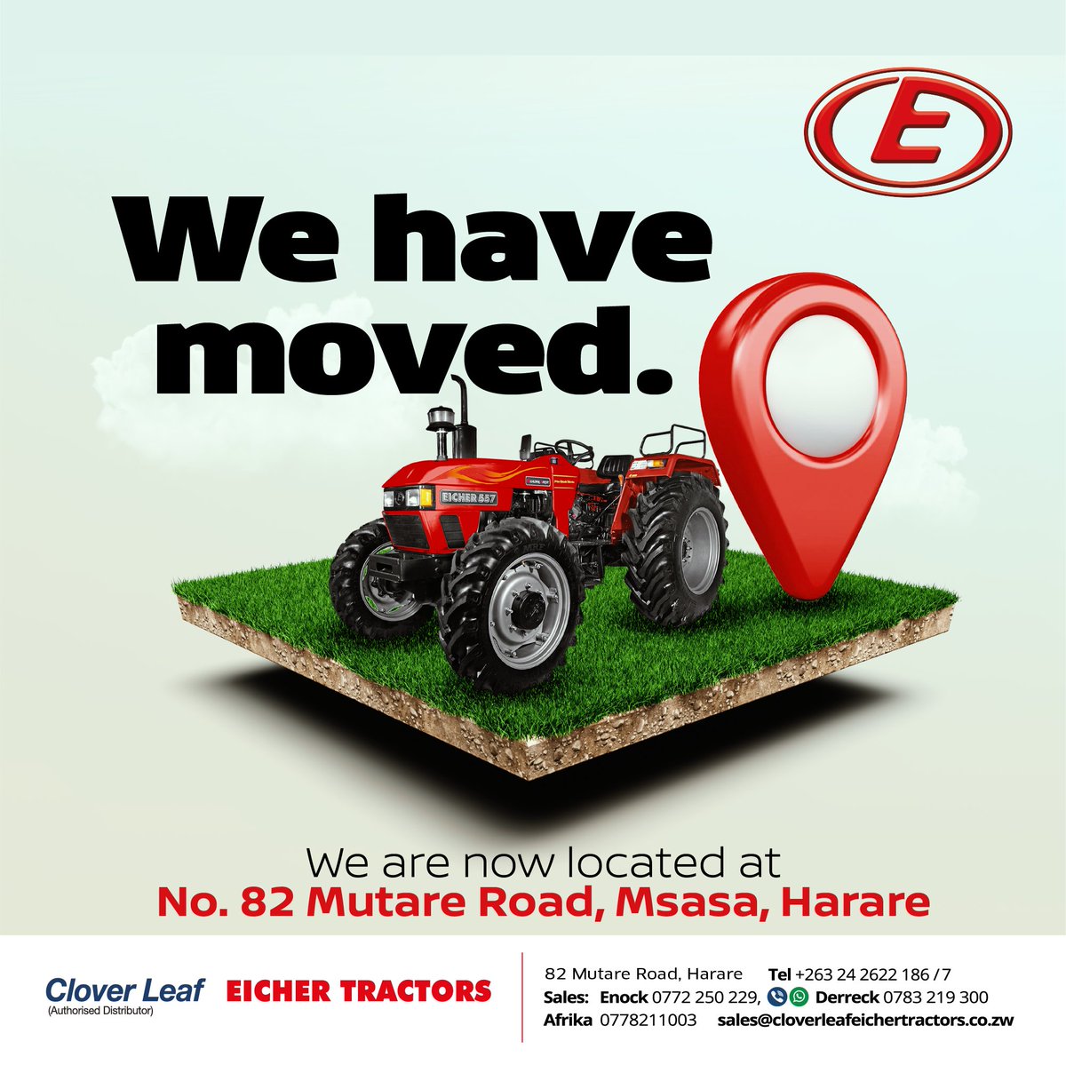 EicherClover's tweet photo. We have moved to our Head Office in Msasa!

Visit our website on https://t.co/3KWtJBkKpS, email sales@cloverleafeichertractors.co.zw or call  us on 0772250229 or 0778211003.

Like our page and keep up to date on our latest offering. https://t.co/LoAkSkGSnt