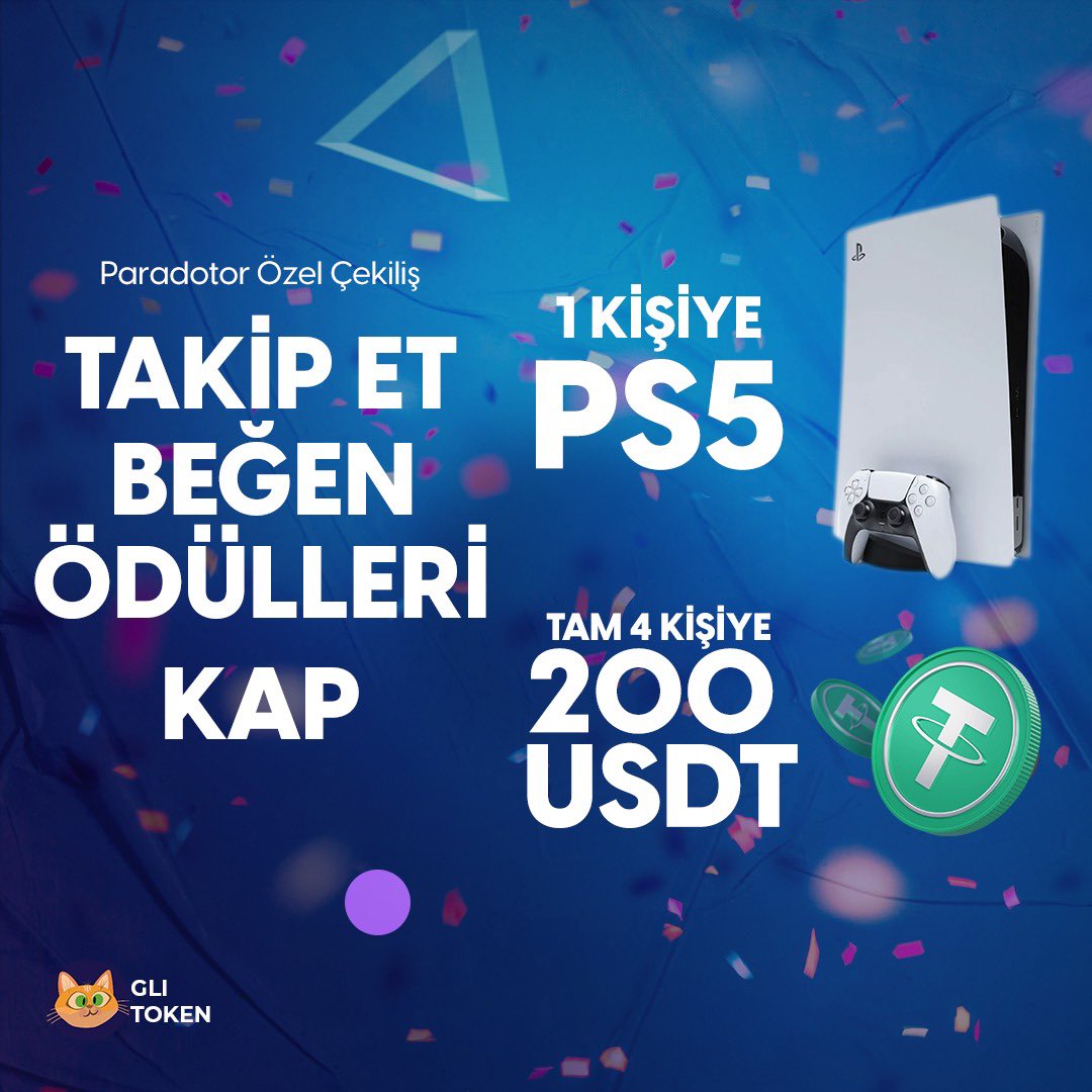 Ödül dağıtımına devam edelim. Ödüller: 1 kişiye PlayStation 5 4 kişiye 200'er $USDT Yapmanız gerekenler basit @ParanewsTR ve @TokenGli hesaplarını takip edip bu tweeti RT etmek. Sonuçlar 19 Haziran'da açıklanacak herkese bol şans..