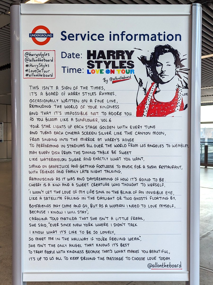This isn’t a SIgn Of The Times
it’s a board of Harry Styles rhymes,
occasionally written on a Fine Line. 
Harry brings his Love On Tour to London and will turn Wembley Stadium into Harry’s House. 

@Harry_Styles #HarryStyles #LoveOnTour @allontheboard