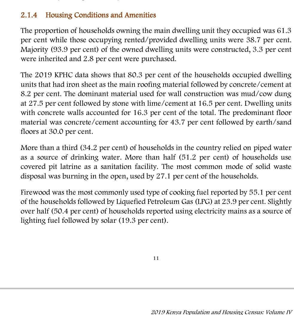 dianagichengo's tweet photo. The 2019 census data by @KNBStats  showed that 61.3%  of the Kenyan people occupy home dwellings they owned.
Those renting are 39% , then the priority of the government becomes housing levy to address the housing problem?
Is there new data provided by KNBS?
#FinanceBill2023 https://t.co/Kel1N00za2