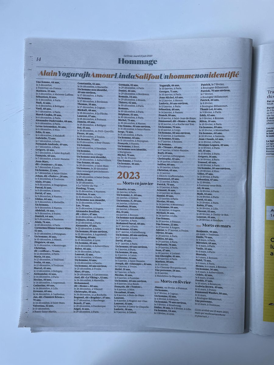 Ce matin dans La Croix, on trouve les noms de Raymond Fontaine, 46 ans, Edwige, dite "Nathalie", 66 ans, Kévin, 31 ans. Il manque ceux d'un bébé, 4 mois, d'un homme, 39 ans. 

611 personnes, les 611 morts dans la rue la dernière année.