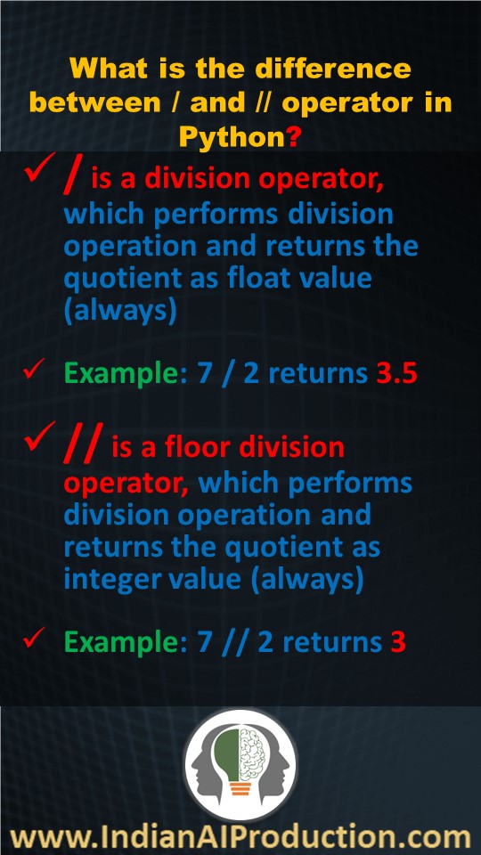 What is the difference between / and // operator in Python?

#interviewquestions
#python
#dataScience
#IndianAIProduction