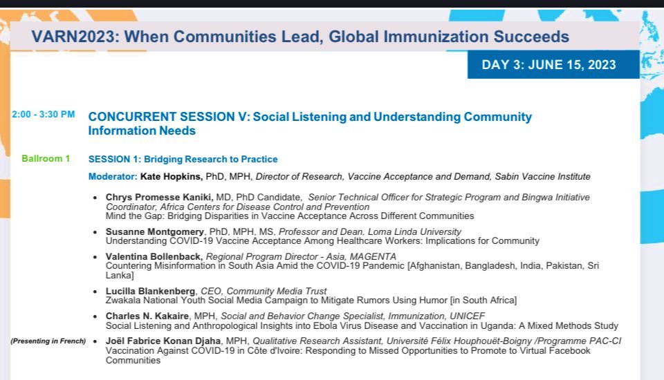 Sending a big Congratulations to my dear friend and boss @PromesseCKaniki who is speaking at #VARN2023 in #Bangkok this week! 

Excited to hear about the experience with @AfricaCDC and @AUBingwa, and how they're bridging disparities in vaccine acceptance across different…