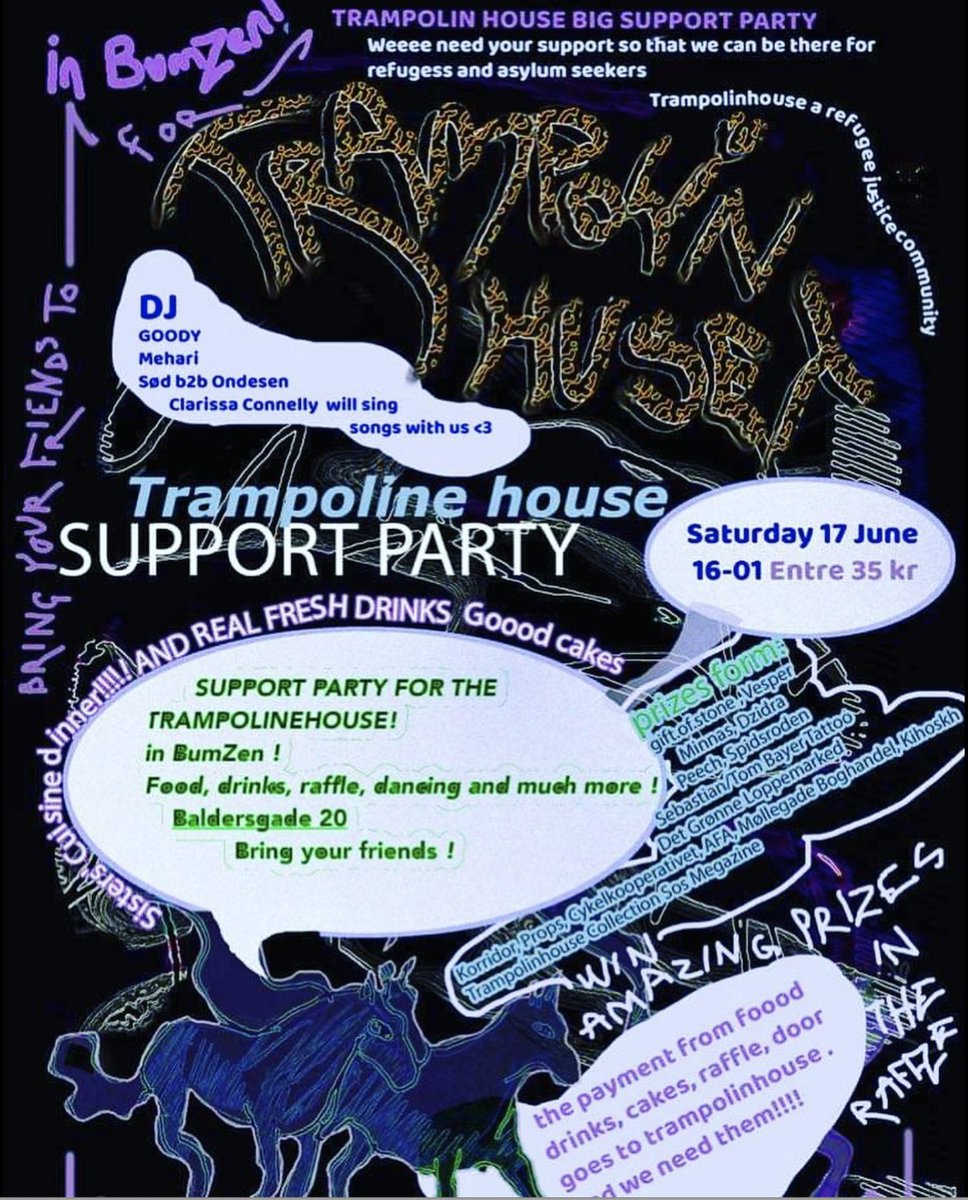Please join the support party for Trampoline House this Saturday at #BumZen and help support one of Copenhagen's most important initiatives for asylum seekers and refugees. It will be a blast of a party 🤩🍹💚More info here: fb.me/e/ZqD6q5I1