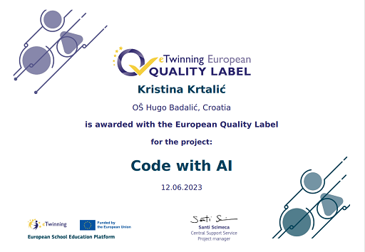Kristin85519945's tweet image. Three more European quality labels for our computer science classroom (school year 2021./2022.) 🏆🖥️ @eTwinningEurope @eTwinningHR #letsstartcoding #codewithai #fullsteamaheaT #stem #coding #ai