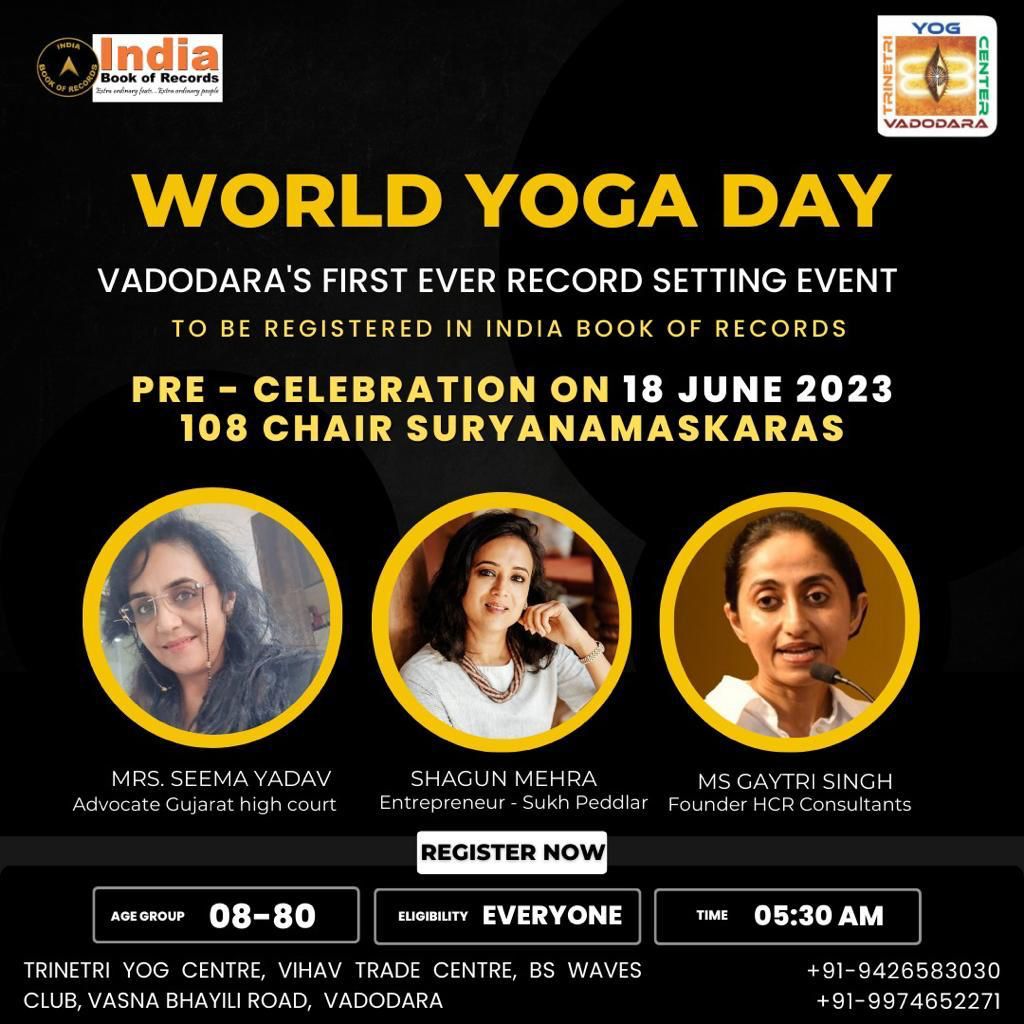 Trinetri Yog Center in #Vadodara, #Gujarat aims to set a record with #IndiaBookofRecords on #WorldYogaDay, June 21, 2023, with 'Maximum people performing #SuryaNamaskar with the help of a chair!'  #InternationalDayOfYoga #Recordholders #UpcomingEvents #Todayshighlight #Incredible