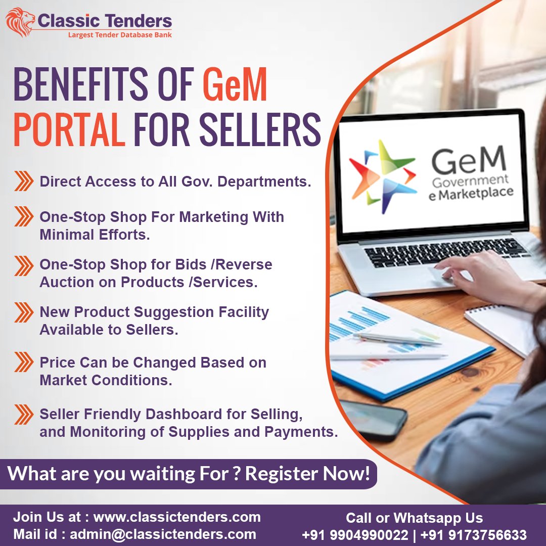 Register your Company/Firm on GeM as Seller and Explore New Business Opportunity

For GeM Portal Registration Kindly Contact us;

Contact Us : +91 9173756633 | +91 9904990022
Visit : classictenders.com

#classictenders #gemregistration #gemportal #gemservice #gemconsultant