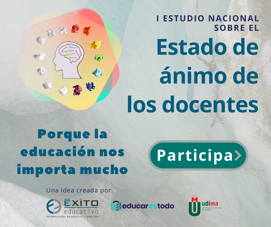 Exito_Educativo's tweet photo. El #bienestaremocional de nuestros profesores es esencial para brindar una educación de calidad a nuestros estudiantes. ¡Participa en el I Estudio nacional sobre el estado de ánimo de los docentes, que estamos realizando! Quedan pocos días...
https://t.co/nrodDQERXM
#animoprofes https://t.co/xKsccFHeac
