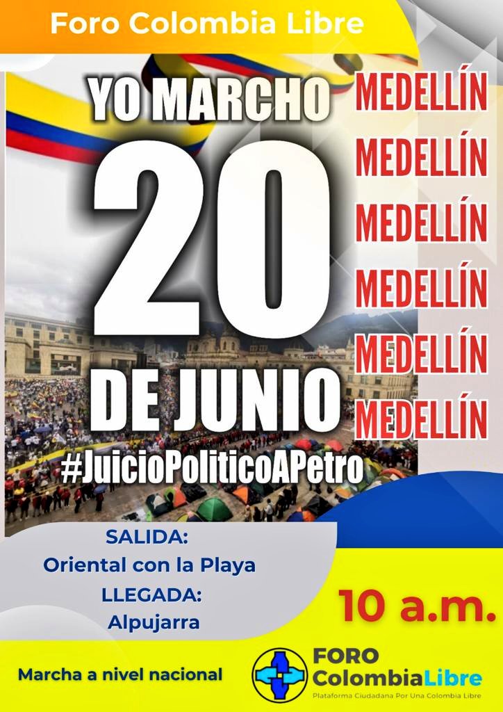 🇨🇴🇨🇴🇨🇴🇨🇴🇨🇴🇨🇴🇨🇴🇨🇴🇨🇴🇨🇴🇨🇴

M E D E L L I N
SALIDA.   : Oriental Con La Playa 

LLEGADA:  ALPUJARRA

10:00 AM
🕙
#ALaCalle20J  #ALaCalle20Jun
#ALaCalle20Jun
#ALaCalle20Jun 
#LaMarchaDeLaMayoría 

🇨🇴🇨🇴🇨🇴🇨🇴🇨🇴🇨🇴🇨🇴🇨🇴🇨🇴
🇨🇴🇨🇴🇨🇴🇨🇴🇨🇴🇨🇴🇨🇴🇨🇴🇨🇴