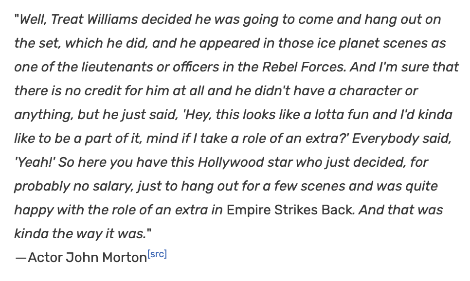 Treat Williams visited the set of Empire Strikes Back, hung out with Carrie Fisher and got to be in the movie as an extra since he asked nicely, legendary #RIP