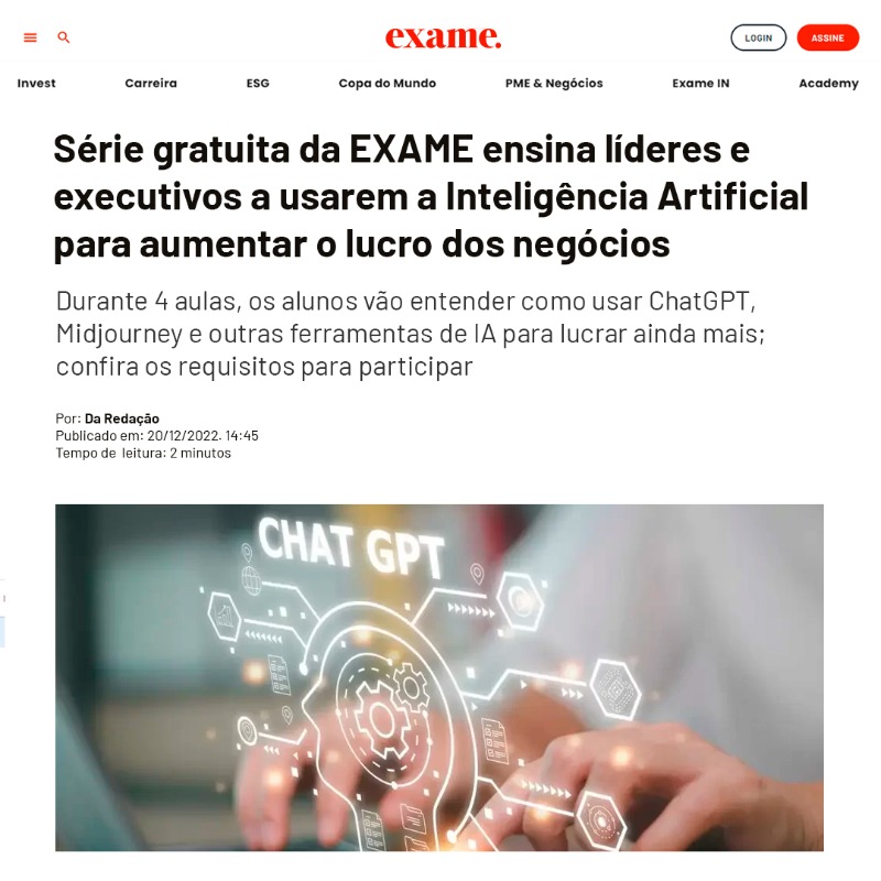 exame's tweet photo. A Inteligência Artificial é um dos temas mais quentes de 2023 no mundo dos negócios. 

Colaboradores e líderes estão se perguntando como a IA vai transformar as suas funções e suas empresas. 

Descubra tudo sobre a revolução da IA na nova série gratuita da EXAME. Inscreva-se já.