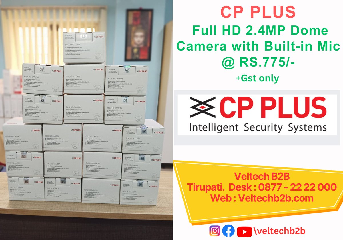 VeltechB2b's tweet image. CP PLUS
🎯FULL HD 2.4MP CAMERA with Built-in Mic
@ Rs.775/-⚡ ⚡💥 
+Gst 2 Years Brand Warranty 
For Business inquiry
Call : VELTECH B2B
Desk: 0877-2222000 
Web : Veltechb2b.com

 #cppluscctv #cctvcamera #cctvwholesale #cctv