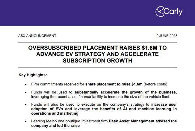 BullBearRock's tweet photo. OVERSUBSCRIBED PLACEMENT RAISES $1.6M TO ADVANCE EV STRATEGY AND ACCELERATE SUBSCRIPTION GROWTH

Peak Asset Management acted as Corporate Advisor to the Placement

Carly Holdings ($CL8) operates https://t.co/xW3HjUlmLg,  Australia’s first flexible car subscription service. https://t.co/0siSBvRyc3