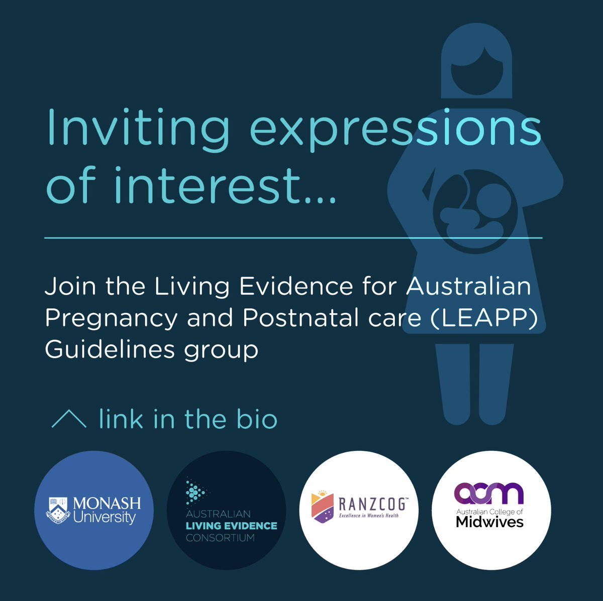Do you want to be involved in the new Australian Pregnancy and Postnatal Care Living Guidelines? 

Our members <a href="/ranzcog/">RANZCOG - O&G</a> &amp; <a href="/MidwivesACM/">ACM</a> are looking for clinicians who work in providing #pregnancy &amp; #postnatal care to join them. 

EOI process: bit.ly/3qAEPdZ