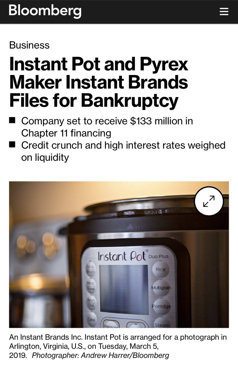 “Instant Brands, maker of the Instant Pot pressure cooker and Pyrex glassware, filed for bankruptcy on Monday after high interest rates and waning access to credit hit its cash position and made its debts unsustainable.”