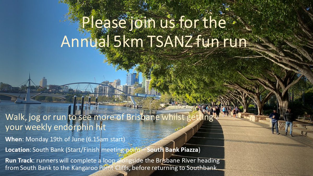 Join us for the #TSANZ fun run at this year's ASM in Brisbane! Monday 19th June at 6:15 am. Will you be this year's winner?