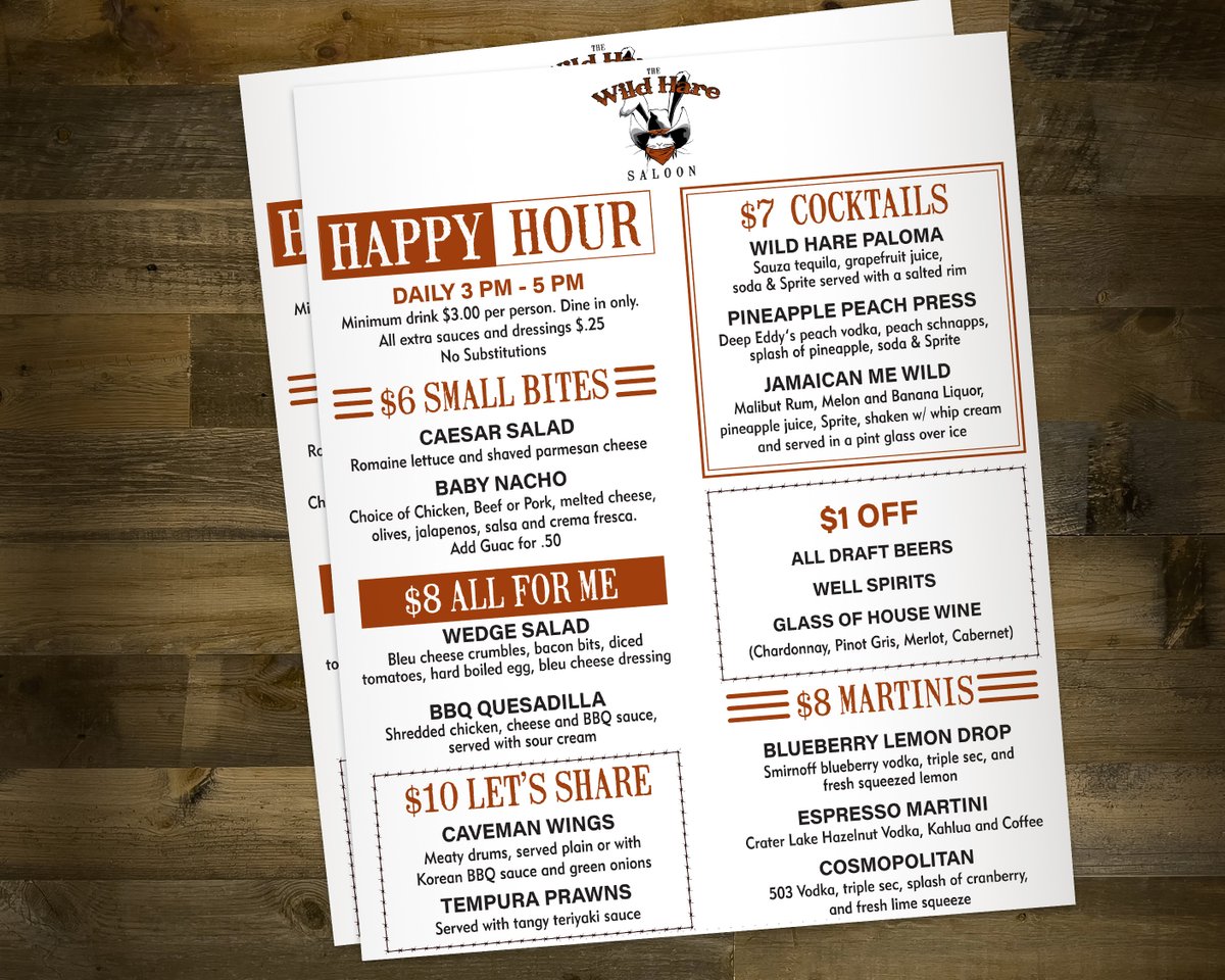 WildHareSaloon's tweet image. We're dropping a couple of updated menus in front of you starting this week. C'mon in and order from the new Wild Hare Saloon Canby Happy Hour and Main menus. 

thewildharesaloon.net/menu