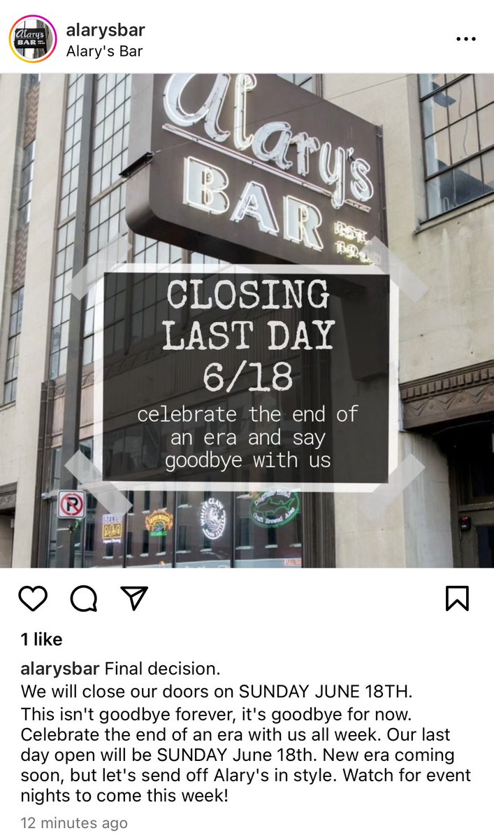 DeRushaJ's tweet photo. Legendary cop bar, Bears bar, home of Vulcan nonsense bar - Alary’s in St. Paul is closing Sunday, per instagram. @AlarysBar https://t.co/0hd2A4GNDy