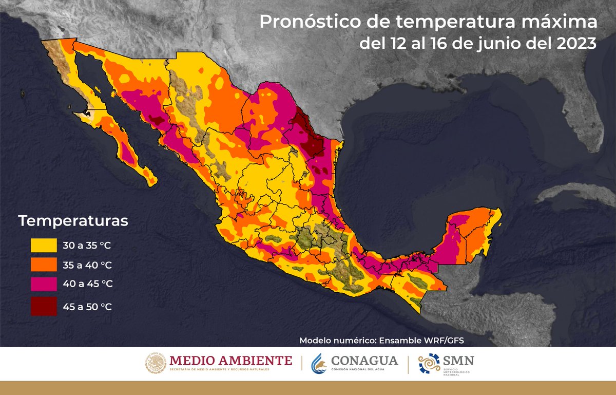 conagua_clima's tweet photo. ☀️🥵  Ve en el gráfico el #Pronóstico de #Temperaturas máximas, para esta semana. Ante la #OndaDeCalor atiende las siguientes recomendaciones:

Hidrátate adecuadamente.
Protege a niños y adultos mayores.
No te expongas demasiado tiempo a la radiación solar  ⬇️ https://t.co/rZpUQ0OM9K
