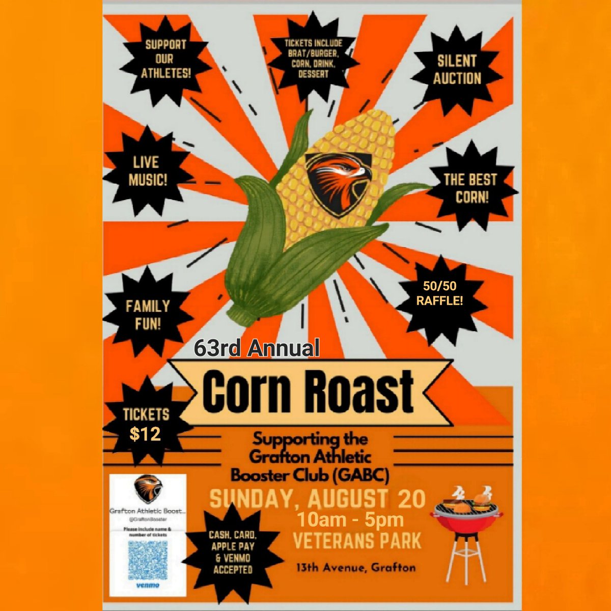 Grafton_GABC's tweet photo. Save the date! Annual Corn Roast coming on Sunday, August 20!
(Updated time!)
#CornRoast #GABC #BlackHawkPride #GDTBABH https://t.co/orvozgivLE