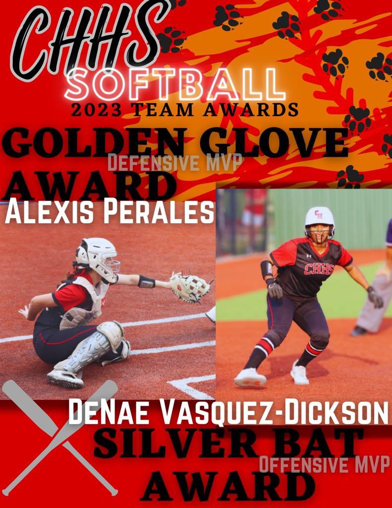 2023 Varsity Team Awards
Gold Glove <a href="/AlexisPerales23/">Alexis Perales</a> 
Silver Bat <a href="/2023Denae/">DeNae Vasquez-Dickson</a> 
<a href="/GCISD_Athletics/">GCISD Athletics Dept.</a>