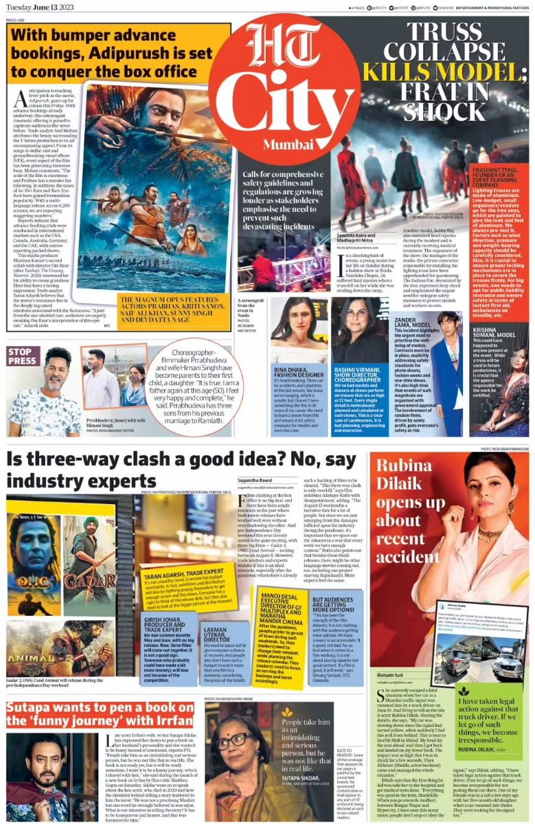 htcity's tweet image. Read all the top news from the world of entertainment and lifestyle in today's HT City

Read today's epaper: read.ht/Elzv

#TrussCollapse #safetyguidelines @RubiDilaik #SutapaSikdar #IrrfanKhan #Bollywood #OMG2 #Gadar2 #Animal #Prrabhudeva #Adipurush