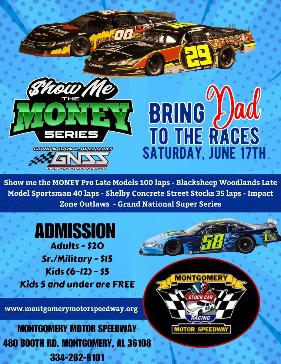 A full weekend of racing with the Pensacola-Montgomery double-header Friday and Saturday! Bring pops out to the races! 🏁