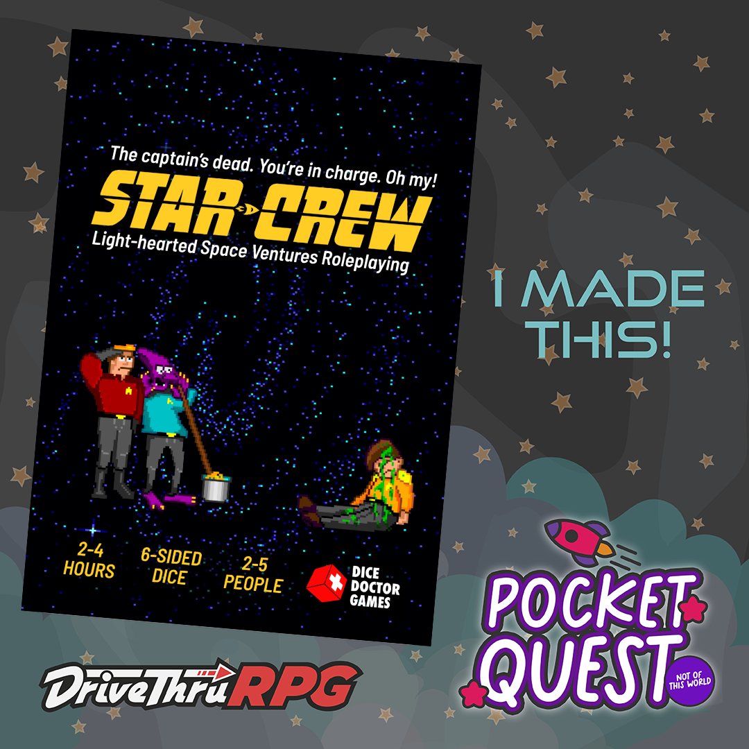 The Dice Doctor (@dice_doctor) on Twitter photo ☄️Editing done. PDF and print ready come July. 🚀
Star-Crew is a light-hearted #hopepunk #scifi adventure game. You are the crew of a starship exploring new worlds, strange life and civilisations.
Look forward to my #PocketQuest2023 #ttrpg submission (out on <a href="/DriveThruRPG/">DriveThruRPG</a>). ☄️Editing done. PDF and print ready come July. 🚀
Star-Crew is a light-hearted #hopepunk #scifi adventure game. You are the crew of a starship exploring new worlds, strange life and civilisations.
Look forward to my #PocketQuest2023 #ttrpg submission (out on <a href="/DriveThruRPG/">DriveThruRPG</a>).