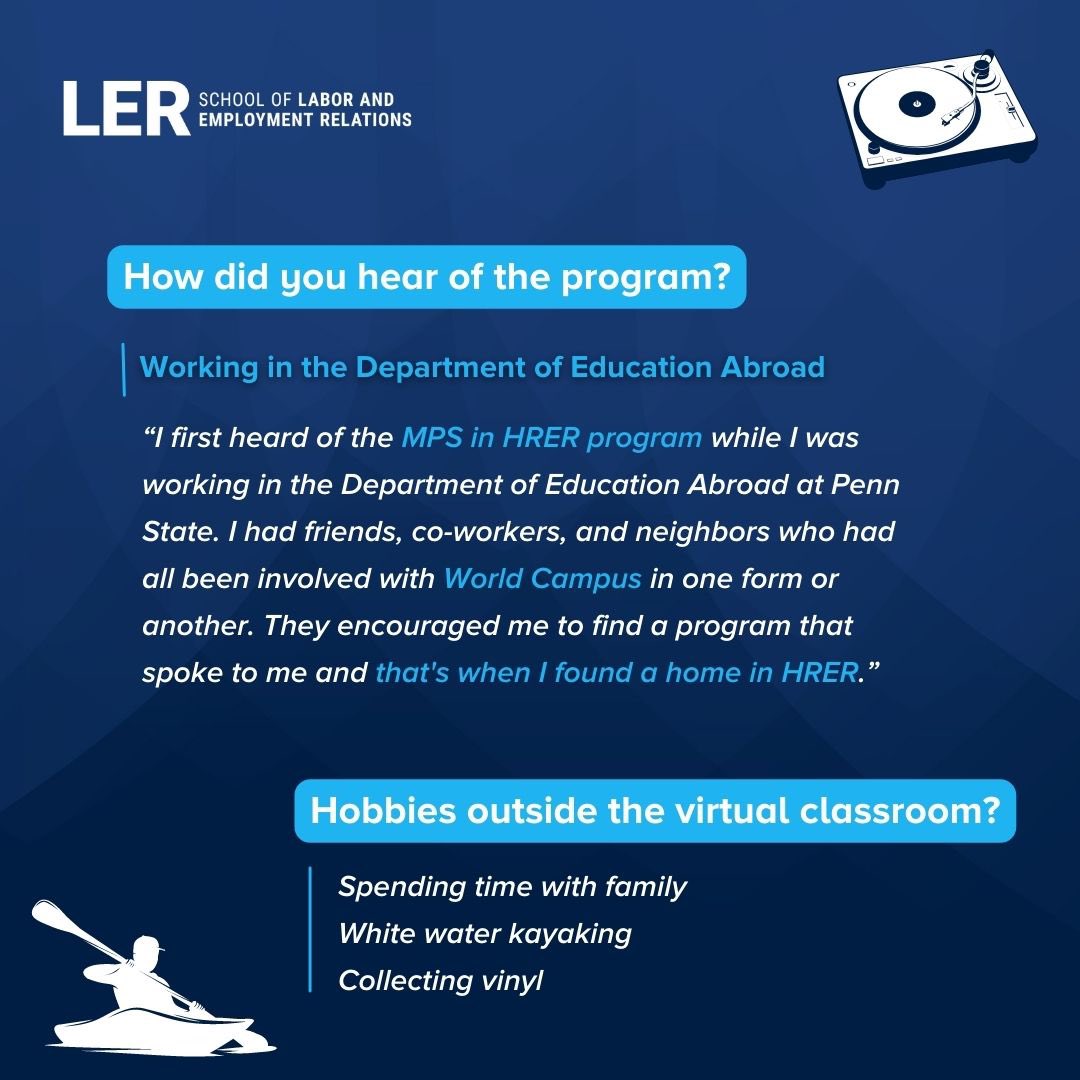 PennStateLER's tweet photo. โI thought completing a degree online was going to be lonely without much peer interaction, but I could not have been more wrong!โ
Brian Adair is a 2022 @PSUWorldCampus grad from our #MPSinHRER program, who has found his calling in the #HRER field. ๐
๐ต #WeAre #PennStateLER ๐ต https://t.co/udjbK1Z55M