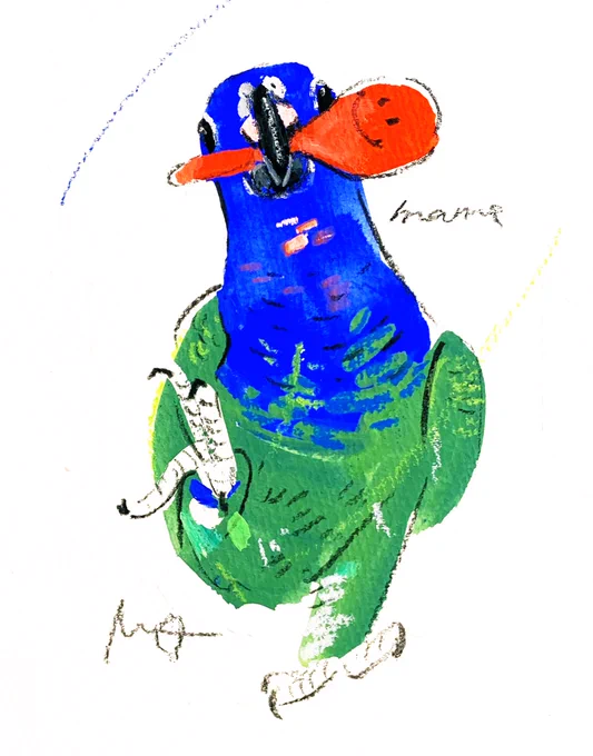 描かせていただいた オーダーイラストのご紹介 マラカスくわえてとっても楽しそうな アケボノインコさん #小鳥ガーデン