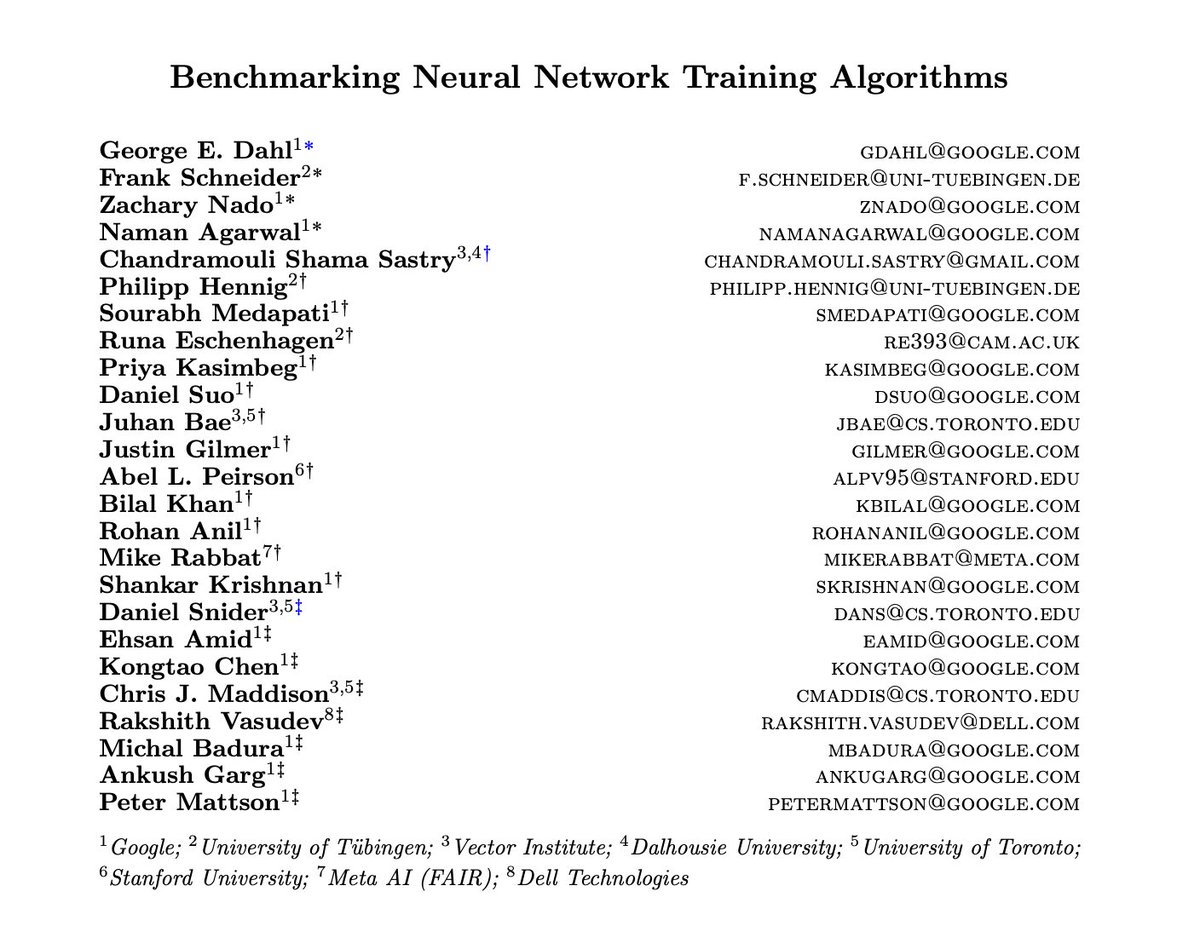 Benchmarking Neural Network Training Algorithms paper page: huggingface.co/papers/2306.07… Training algorithms, broadly construed, are an essential part of every deep learning pipeline. Training algorithm improvements that speed up training across a wide variety of workloads (e.g.,…