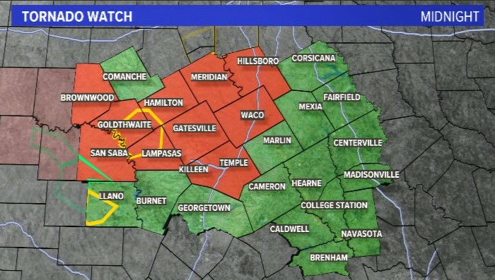 The Tornado Watch has been extended until midnight. You'll want to keep your weather alerts on as you head to bed tonight