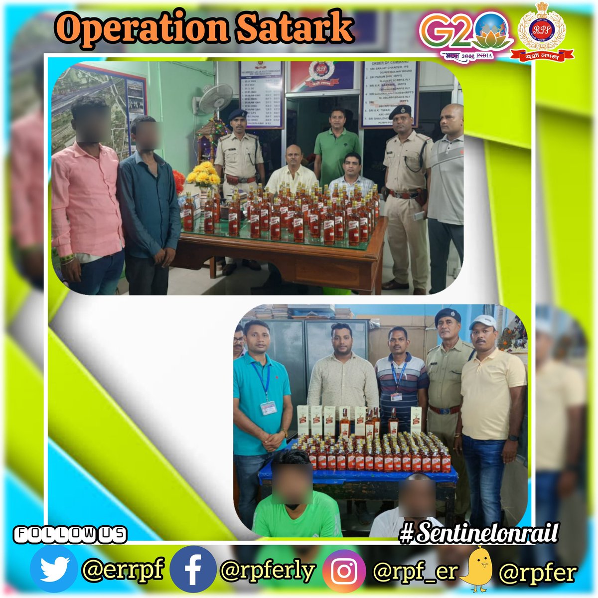 ErRpf's tweet photo. Arrested 04....seized 202 bottles illicit liquor worth Rs.56,360/-.
#OperationSatark
#Sentinelonrail
@RPF_INDIA @RailMinIndia @EasternRailway https://t.co/vLXbclXS1b
