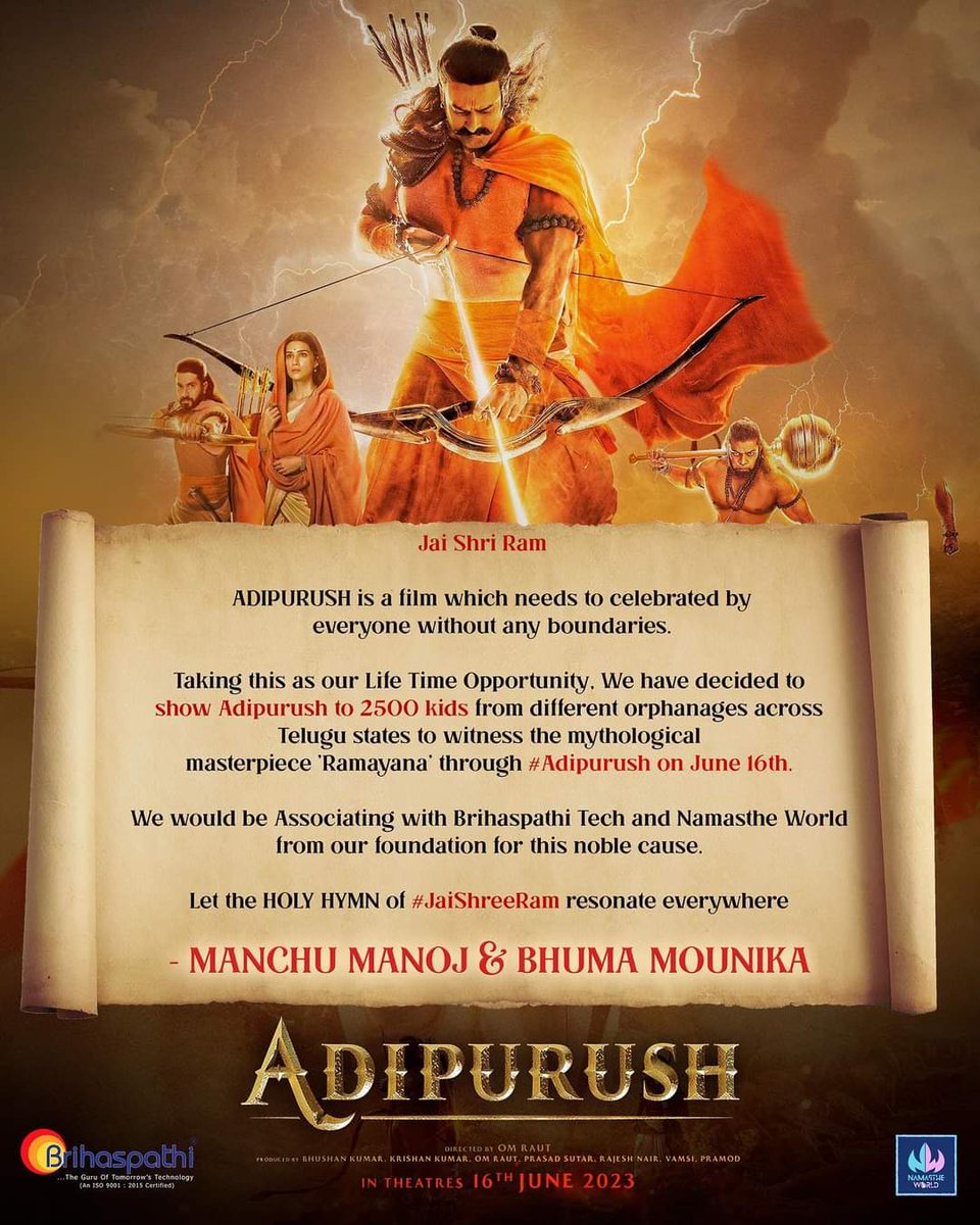AmarThadi's tweet photo. This is what which makes #ManchuManoj anna different from others. Making orphan kids to watch the epic masterpiece of ramayana #ManchuManoj #childcare #Adipurush #JaiShriRam #JaiShreeRam #Prabhas #Omraut https://t.co/6C84UVCYTy