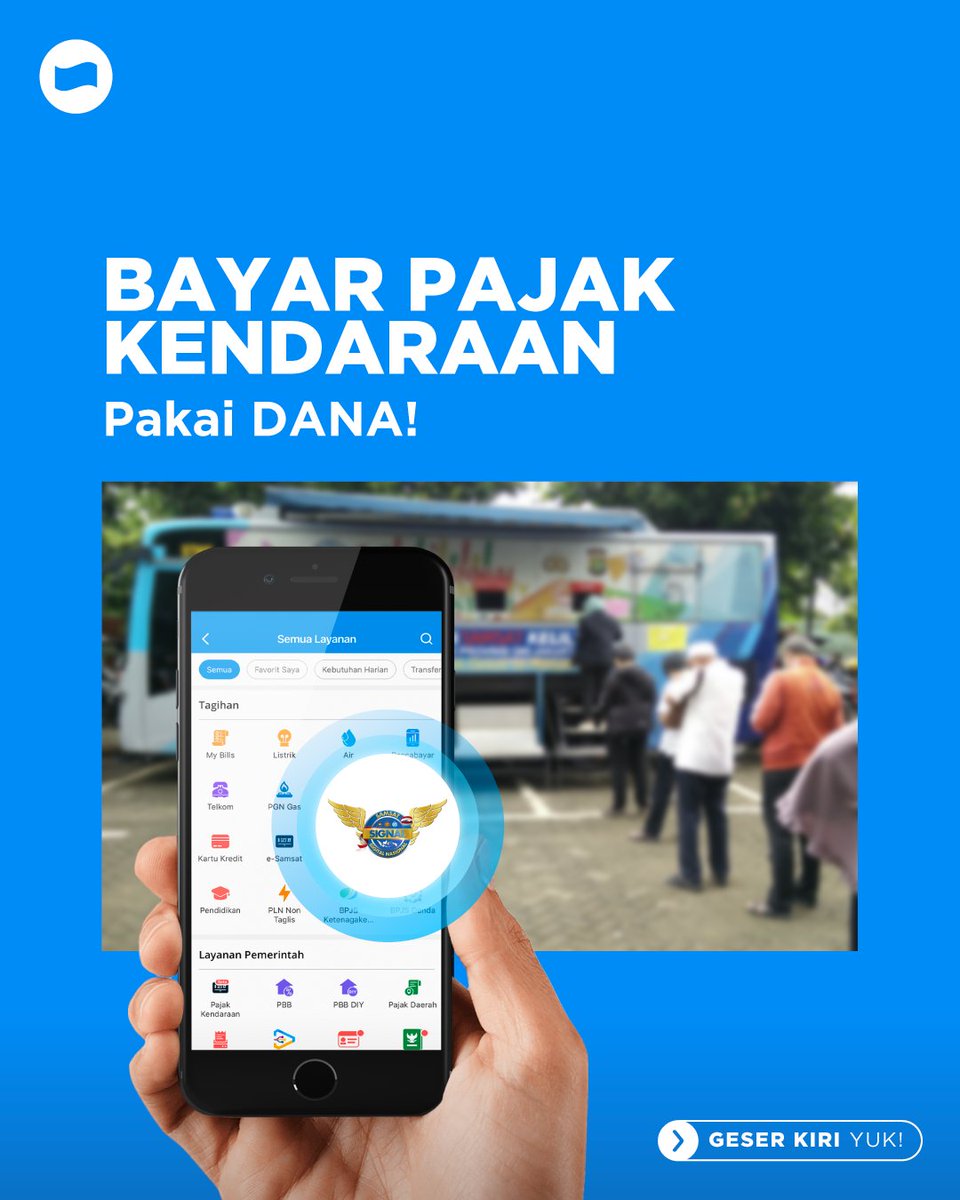 danawallet's tweet photo. Hari gini masih ngantri bayar ke kantor samsat? Pakai DANA aja, biar bisa bayar dari manapun! Cukup tap Signal di Aplikasi DANA dan masukkan kode bayar, lalu selesai! Gampang dan #BebasDrama antrian dehh 💙 https://t.co/oyKtjlWR5V