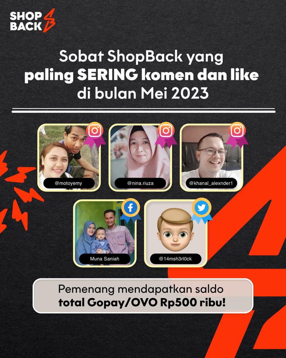 Ini dia para Sobat ShopBack of The Month periode Mei 2023 yang sering komen dan like! Selamaaat!❤️🥇✨<a href="/14msh3rl0ck/">Anton</a> 

Ambil saldo Gopay/OVO masing-masing Rp100 ribu dgn kirim data diri berupa nama lengkap, nomor HP, dan email yang terdaftar di ShopBack ke DM maksimal 2x24 jam!