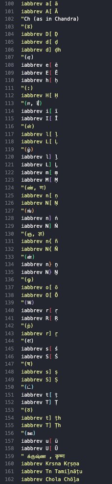 unagaswamy's tweet photo. If you are using #vim editor like me for editing books, I have constructed these autocorrect options in my #vimrc for quickly typing diacritical marks in #English for representing #Tamil and #Sanskrit words. Please zoom the attached screenshot for keyboard mappings. HTH! https://t.co/Oend1jOadp