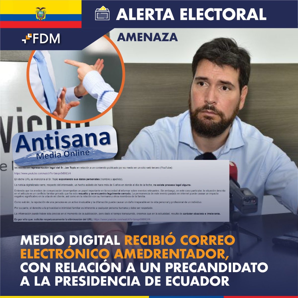 LaHistoria (@lahistoriaec) on Twitter photo Que no quede huella. <a href="/FUNDAMEDIOS/">FUNDAMEDIOS</a> alerta sobre carta intimidante del abogado del candidato Jan Topic, para que un medio digital borre el video sobre la pelea que tuvo años atrás el ahora candidato con su hermano: "“La permanencia de este evento pasado en internet puede causar un Que no quede huella. <a href="/FUNDAMEDIOS/">FUNDAMEDIOS</a> alerta sobre carta intimidante del abogado del candidato Jan Topic, para que un medio digital borre el video sobre la pelea que tuvo años atrás el ahora candidato con su hermano: "“La permanencia de este evento pasado en internet puede causar un