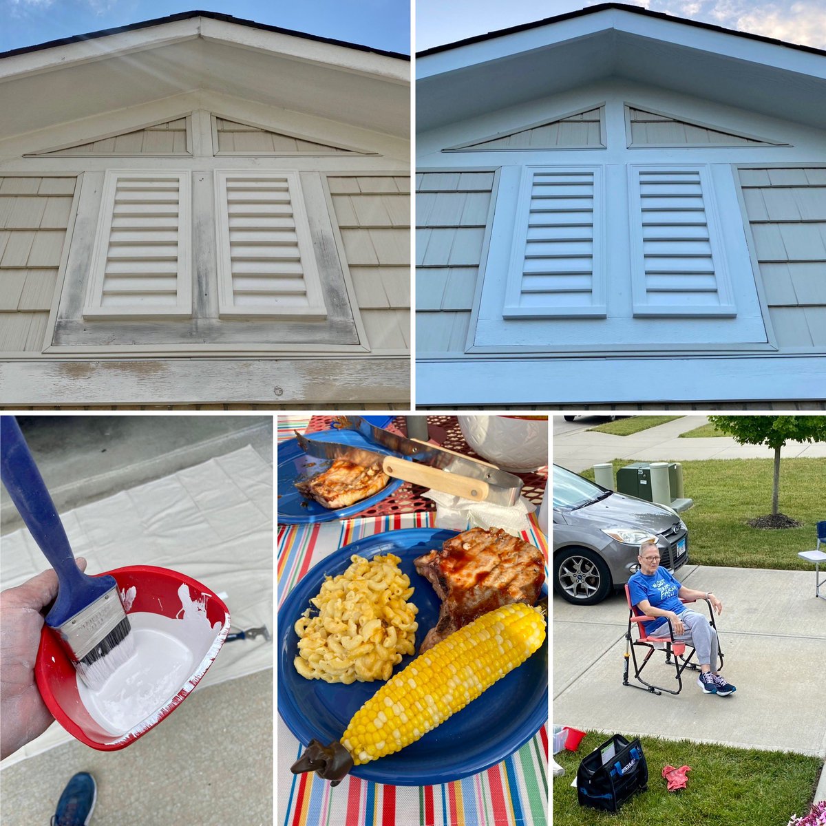 Day one of exterior trim painting complete... Front of house sanding, caulking, and coat #1. Earned an awesome home cooked meal 🙃 A lot more to get done in the next two days... Hoping for no rain. #workingvacation #helpingasisterout #familyfirst