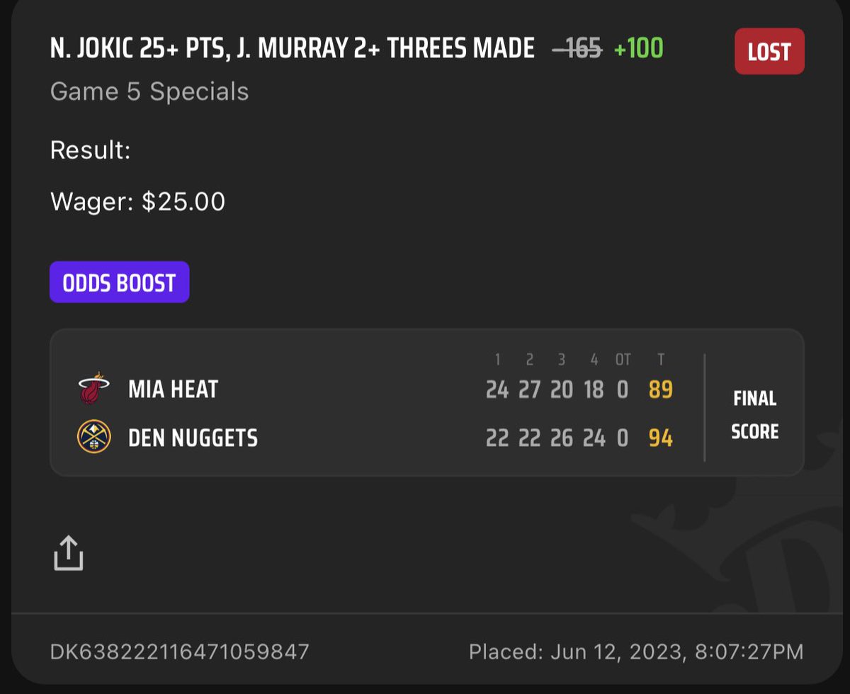 GhostofXmasAss's tweet photo. @DKSportsbook @DraftKings jokic had 28 points and Murray had 2 threes, this is highway robbery https://t.co/gSemOCrMme