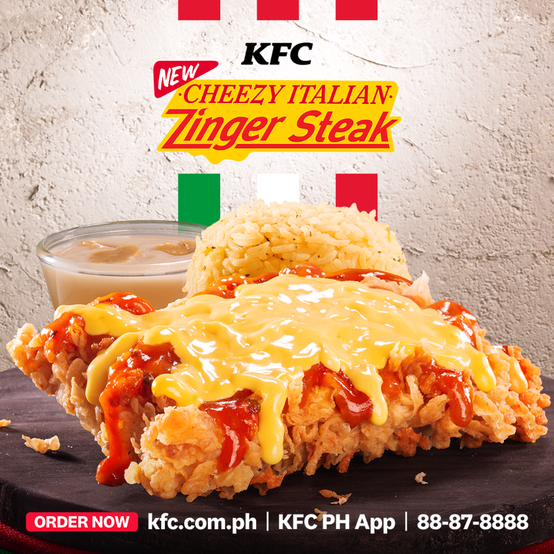KFCPhilippines's tweet photo. Taste the ZING of Italy in the NEW #KFCCheezyItalian Zinger Steak. Experience the cheezy Italian-style flavor in every bite! 🧀🇮🇹

Get your KFC fix through https://t.co/JfP7CcJD8w, KFC App, 88-87-8888, GrabFood or foodpanda. Also available via drive-thru, take-out, and Park &amp; Go.
